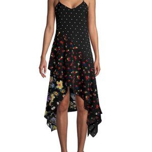 Aqua black floral dress, high low,, handkerchief,  size xs